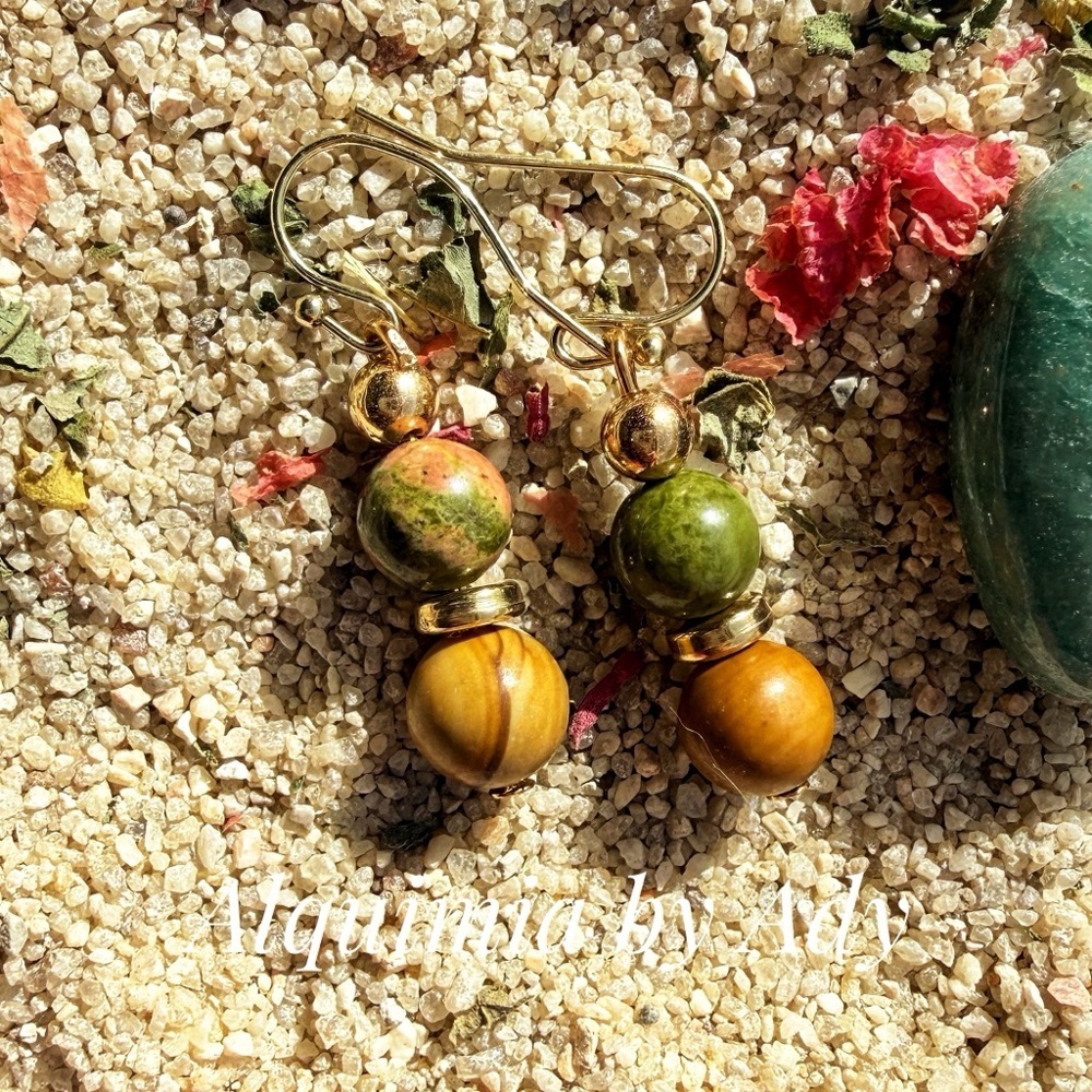 Gold green and Brown gemstones Beaded Earrings